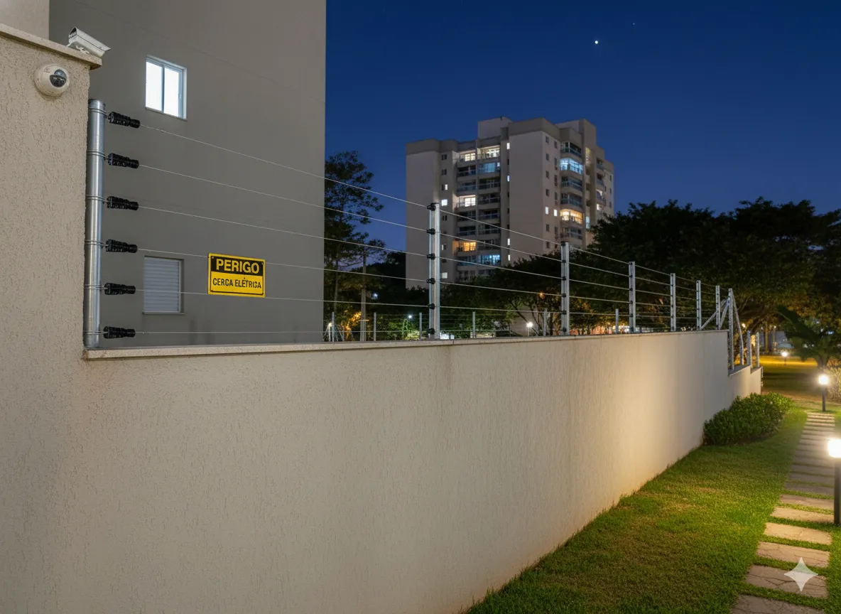 imagem noturna de muro de condomínio protegido com alarmes de segurança