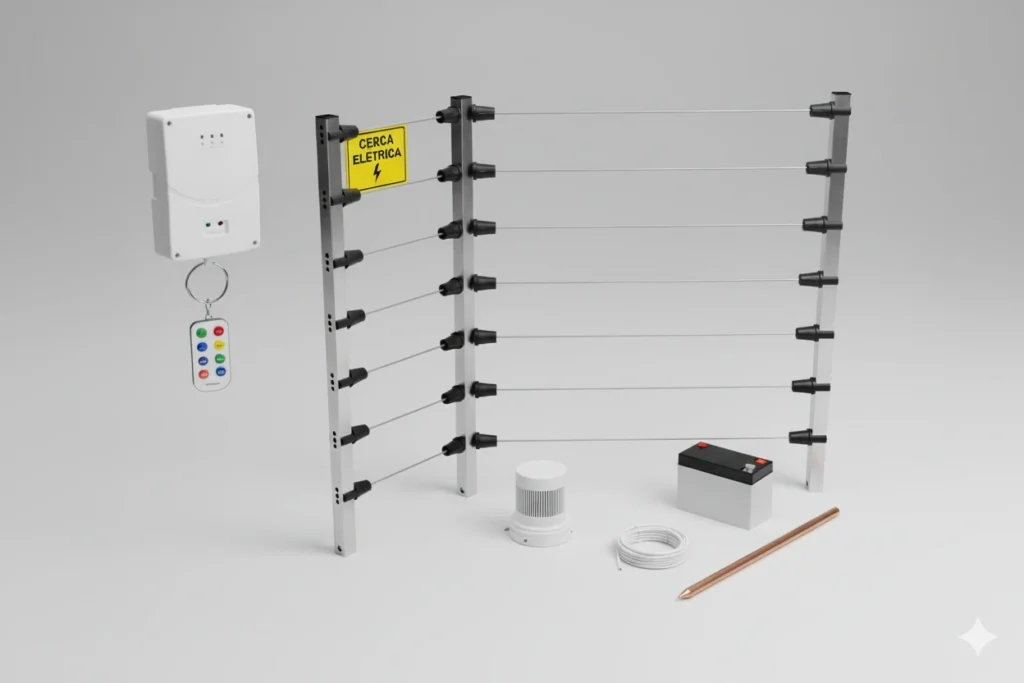 exemplo de sistema de cerca elétrica com haste, fios, bateria e controle
