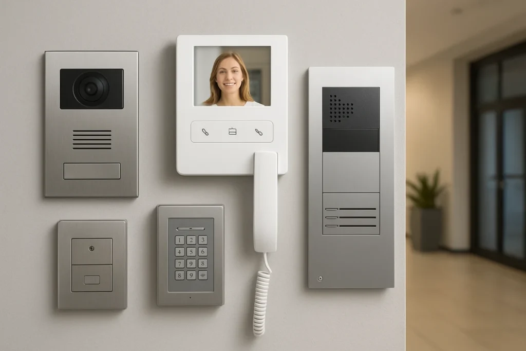 imagem com vários equipamentos de interfonia, instalados em uma parede