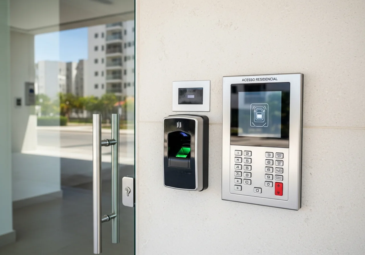 imagem de dois aparelhos de controle de acesso instalados ao lado de uma porta de vidro