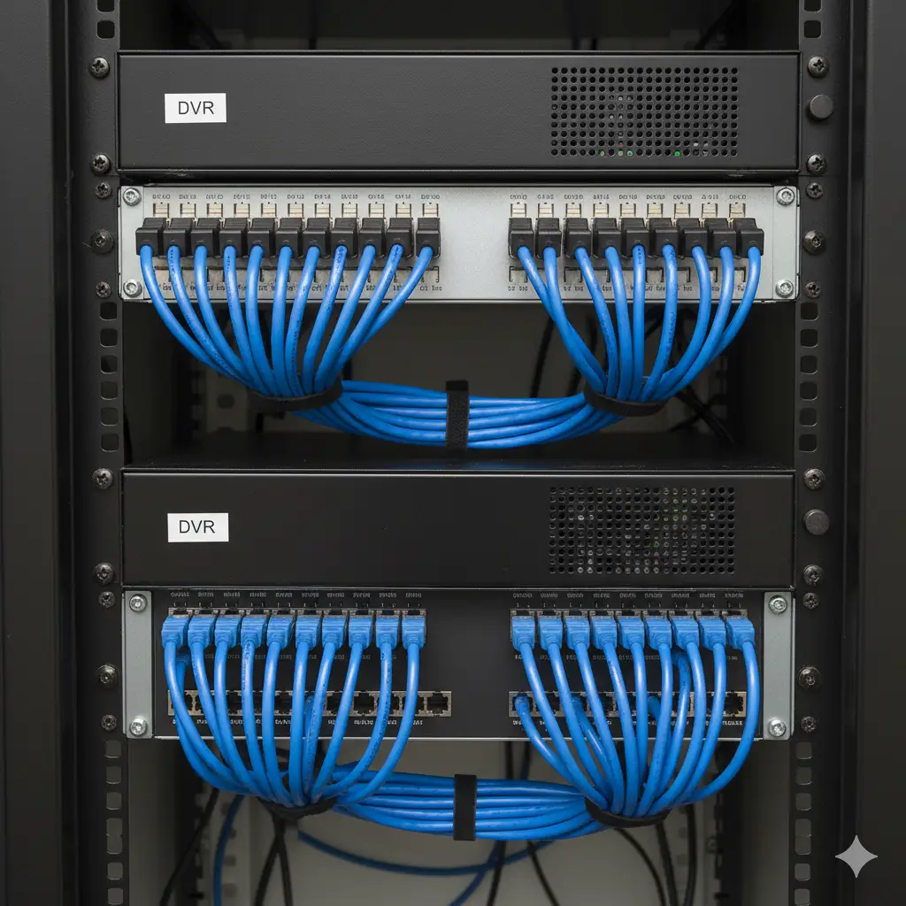 imagem de um rack com dvrs e cabos instalados e organizados