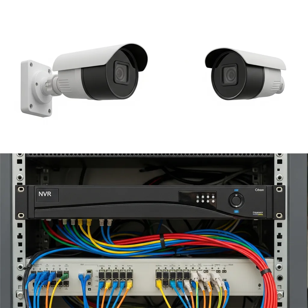 imagem dividida mostrando câmeras do IP com um rack e cabos organizados