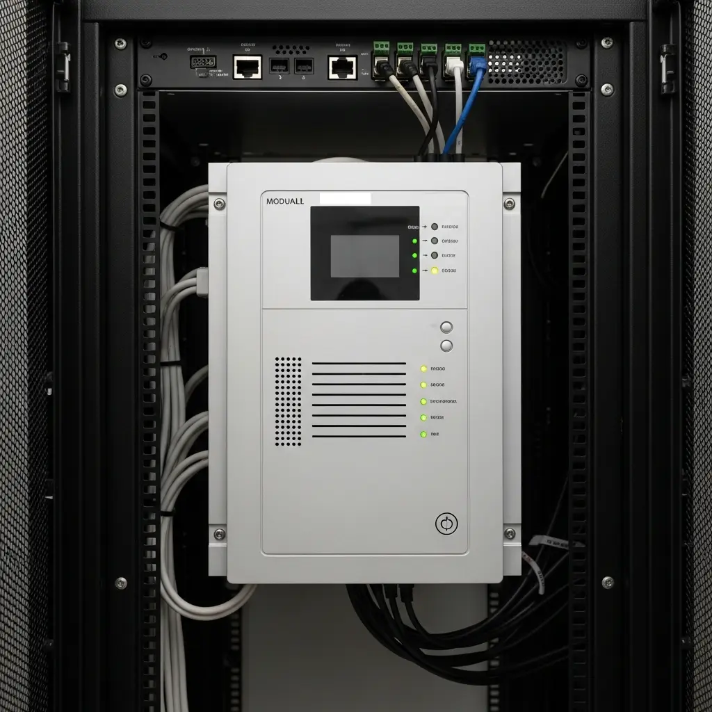 ilustração de um equipamento de interfonia digital instalado em um rack