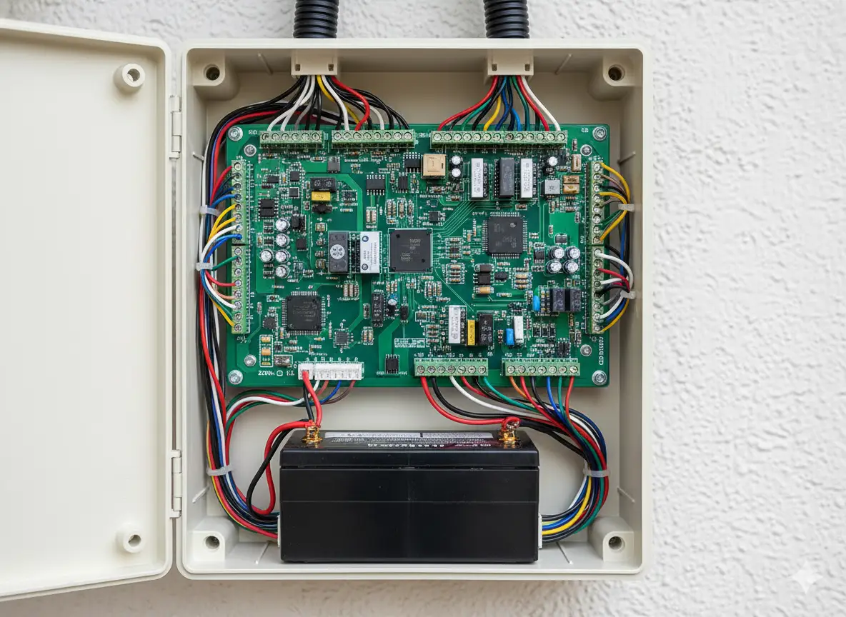 imagem de quadro com uma placa eletrônica de sistema de alarmes