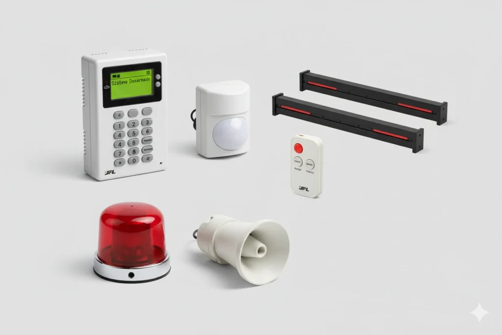 equipamentos de sistema de alarmes com sensores, teclado, sirene e controle