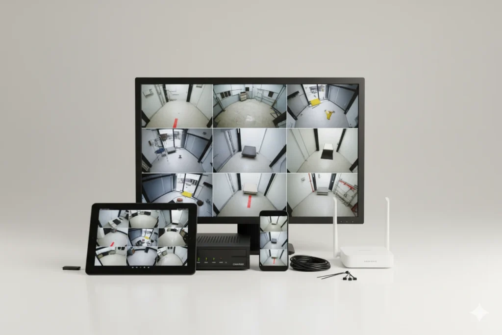 monitor, tablet e celular que monitoram sistema de segurança