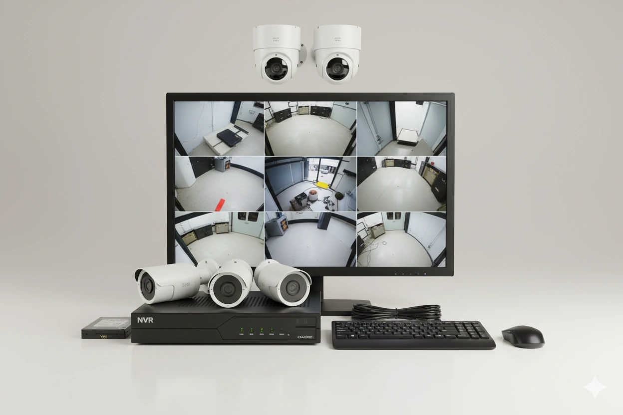 imagem de um monitor com tela dividida do tipo usado em monitoramento de segurança eletrônica