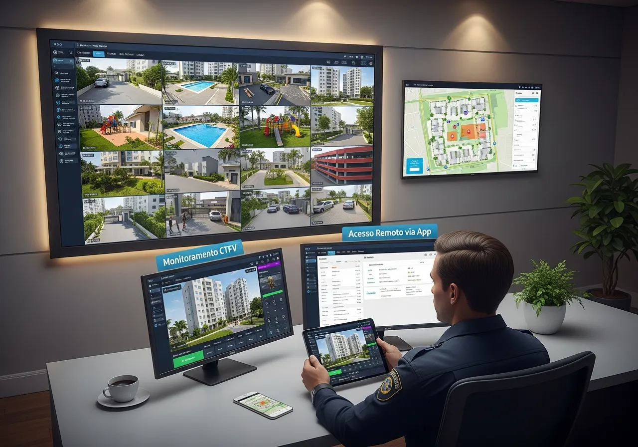 imagem de uma sala de controle com monitoramento por câmeras