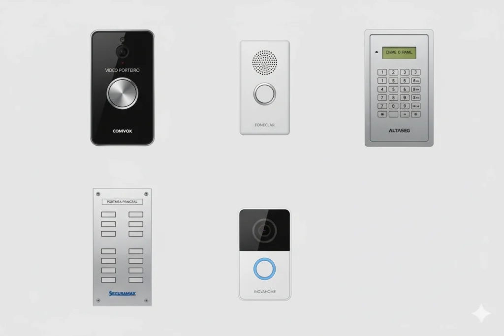 imagem com alguns equipamentos de interfonia, usados na parte externa/interna