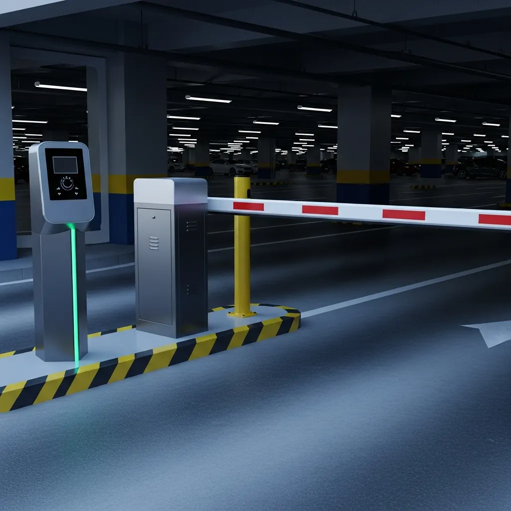 imagem de uma entrada de estacionamento com uma cancela de controle