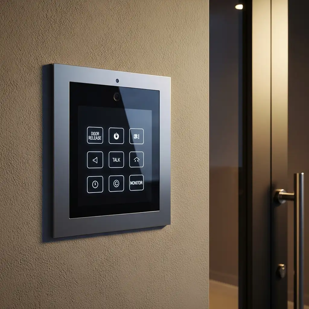imagem de um equipamento de interfonia digital instalado na entrada de um escritório